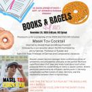 Event flyer featuring a bagel, text announcing a screening of "Masel Tov Cocktail," and details about the event.